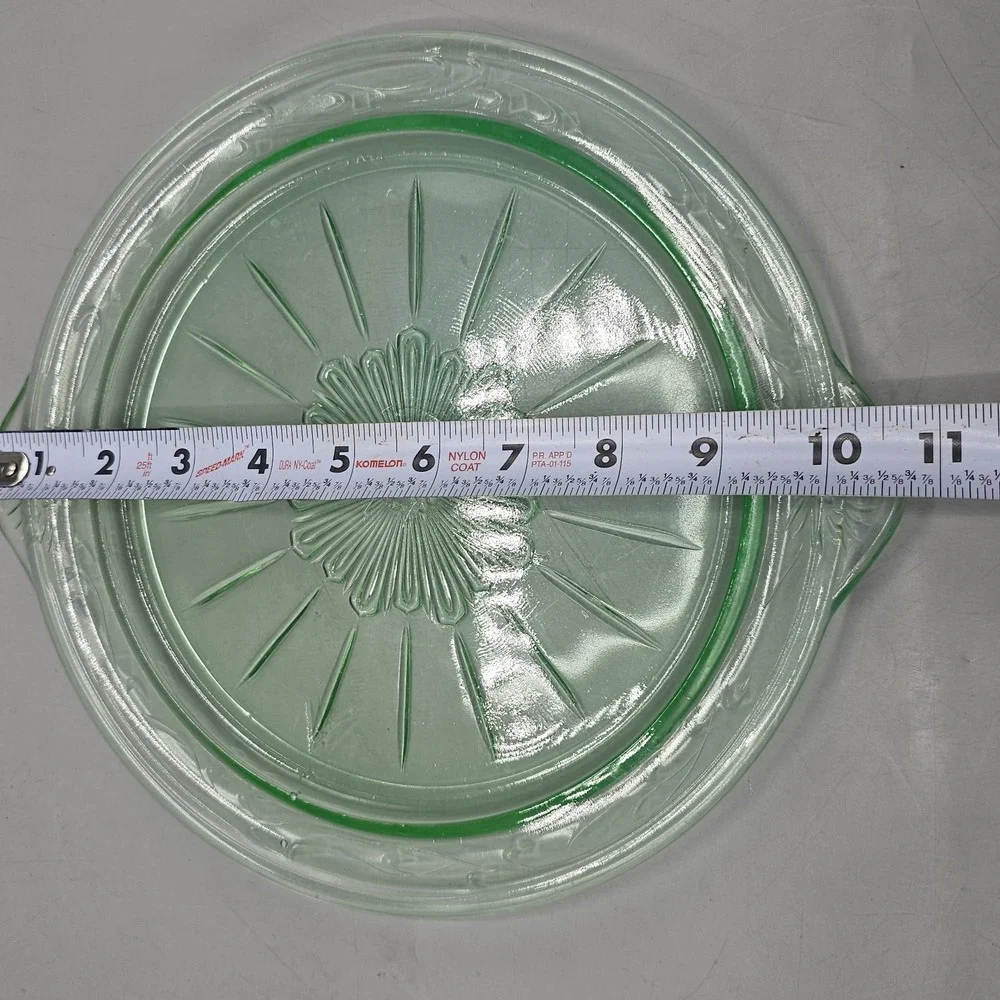 Vintage Uranium US Glass Tendril Platter Plate Glass Green Glows Depression